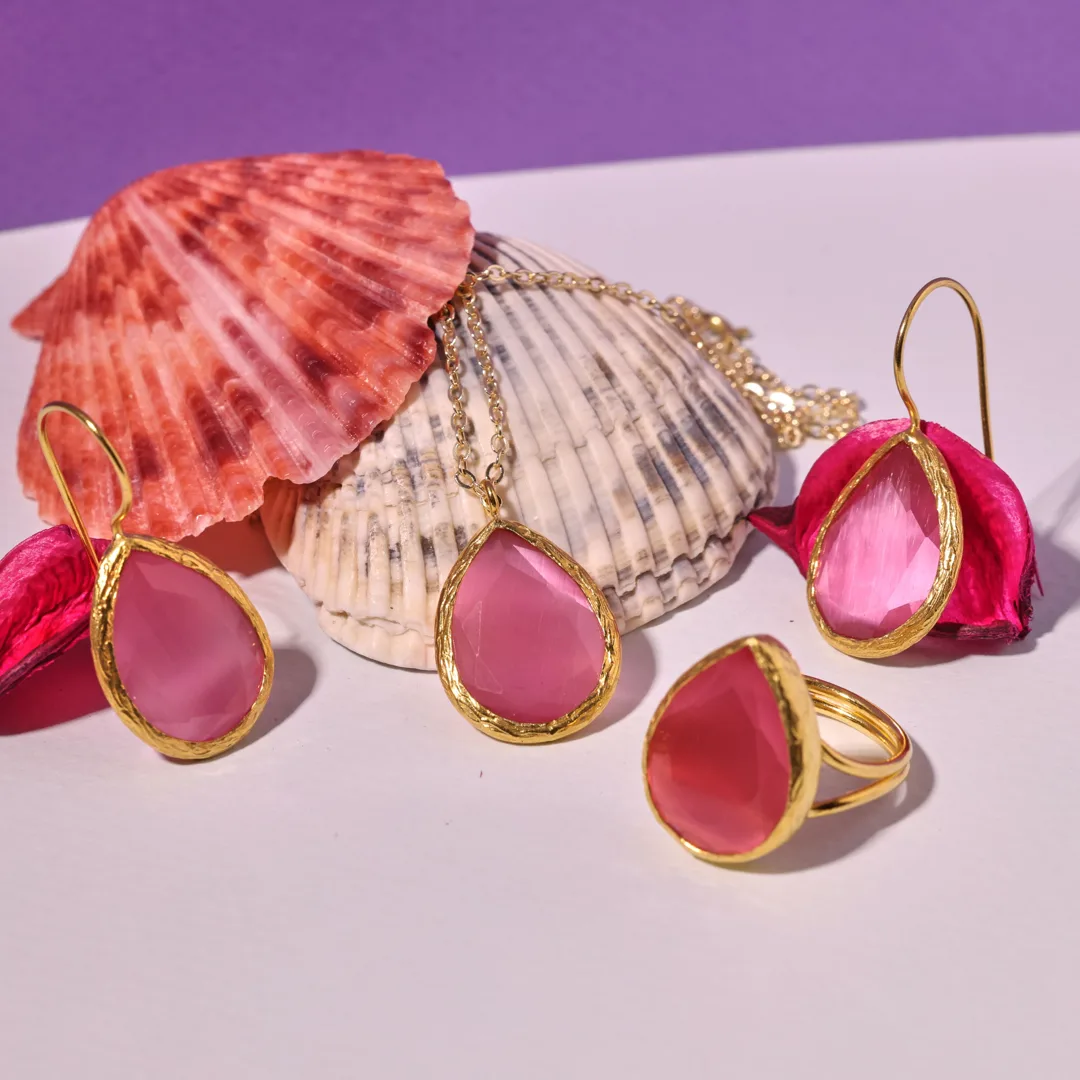 Set Perhiasan Batu Pink (Kalung, Anting, Cincin)