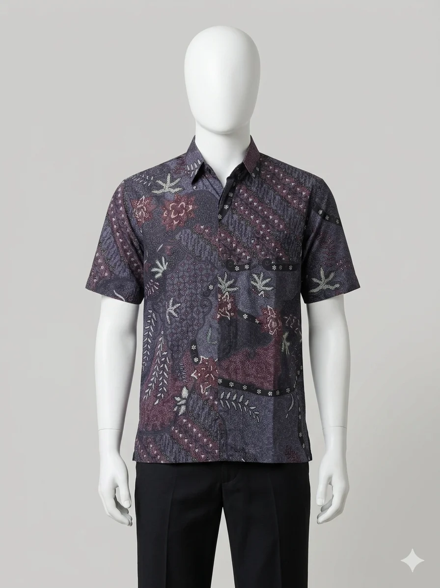 Kemeja Batik Ungu Lengan Pendek
