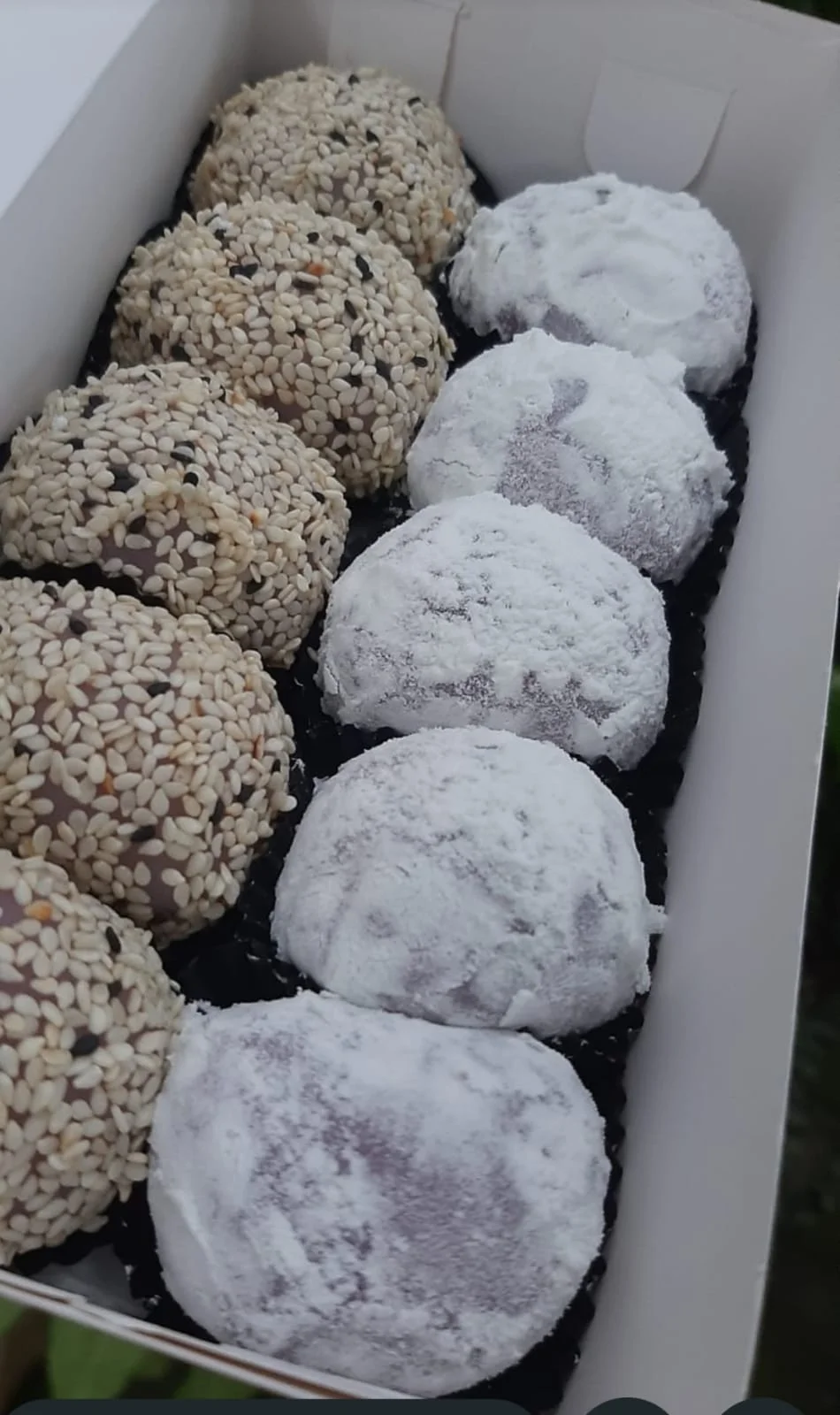 Mochi isi coklat dan kacang dengan taburan wijen, kacang dan gula putih bubuk