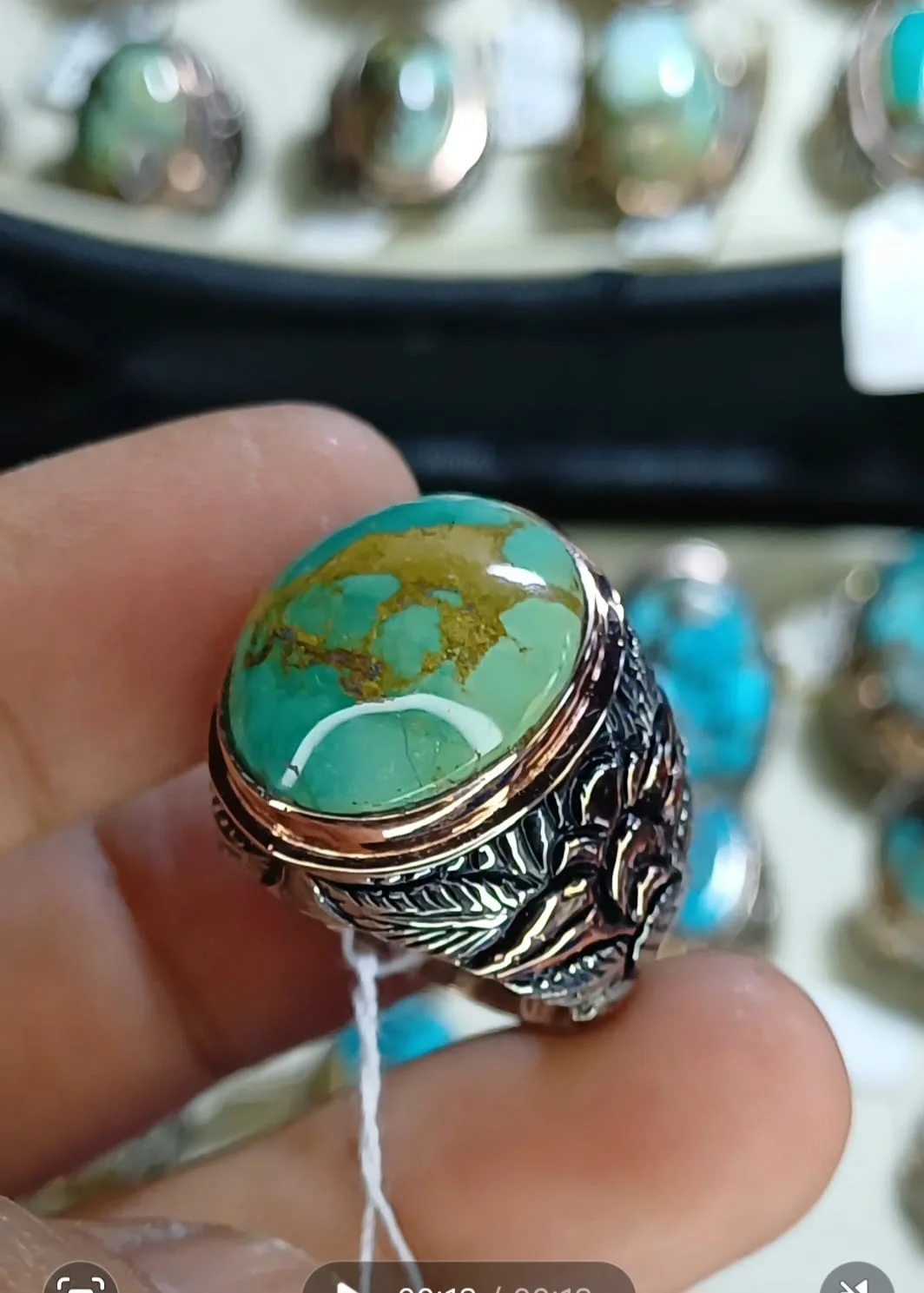 Batu Pirus Persi Hiju gradasi serat emas. Ukuran 18mm x14mm.size jari 8. Ring Perak cromswasa. Mahar