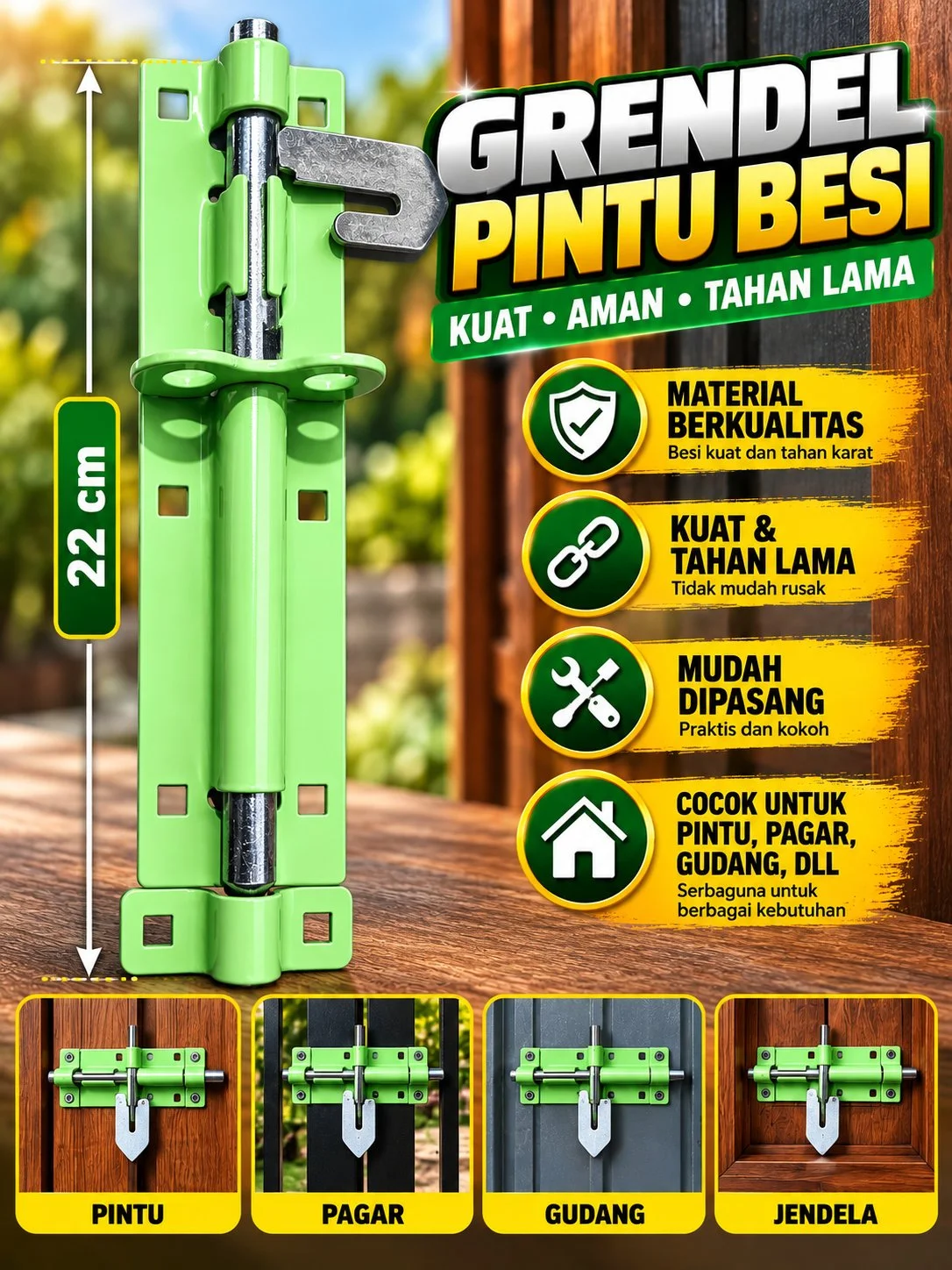 Grendel hijau panjang 22cm