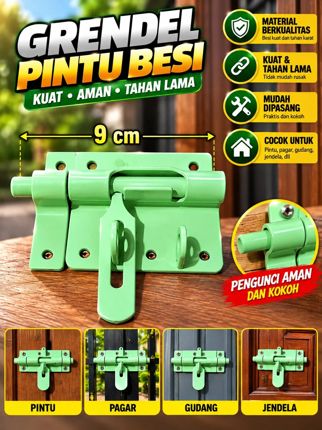 Grendel hijau panjang 9cm