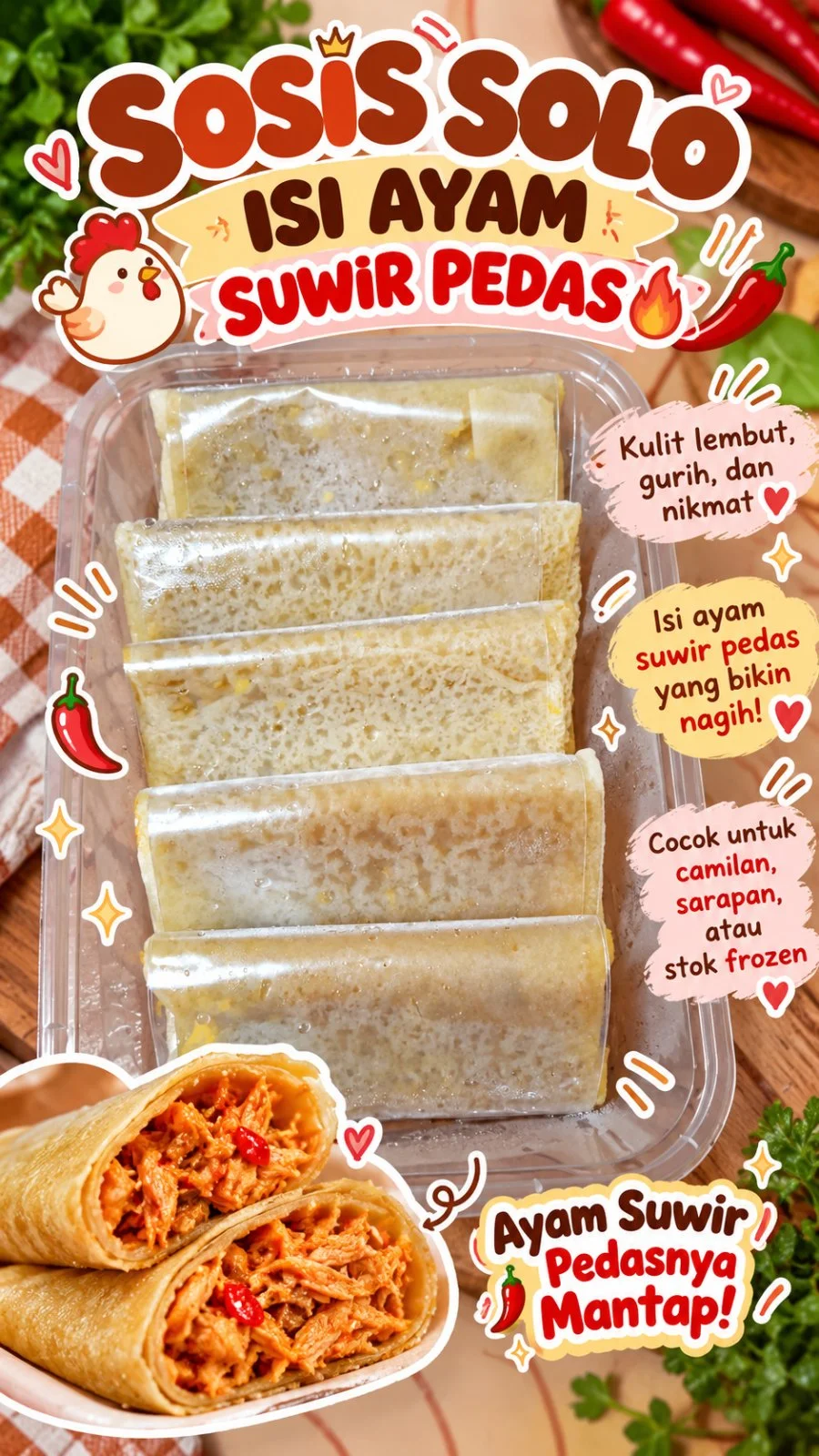Sosis Solo Frozen Isi Ayam suwir pedas (1 Tepak 5 Biji)