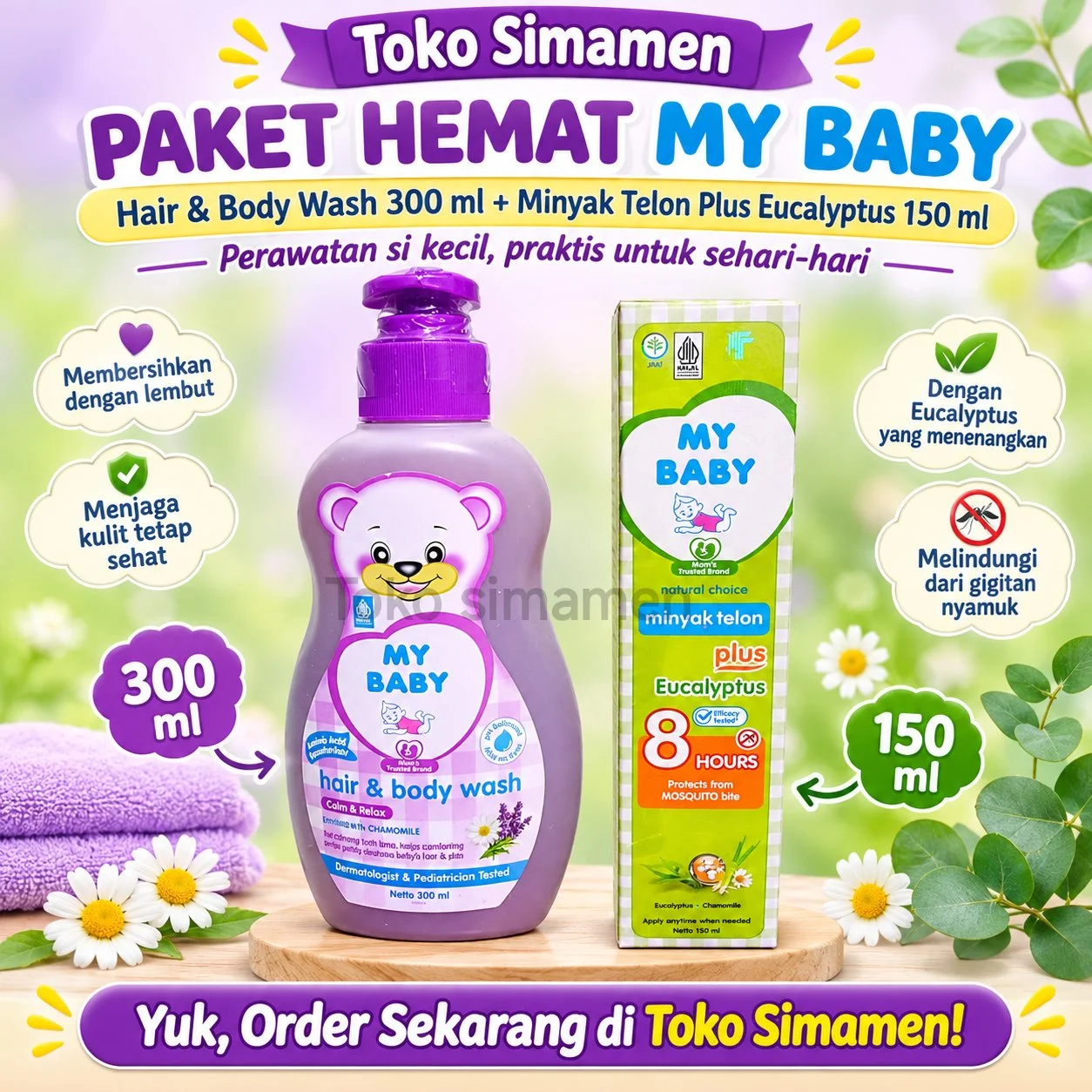 My Baby minyak telon eucalyptus 150ml+my baby hair & bodywash 300ml, Paket hemat perawatan anak & bayi